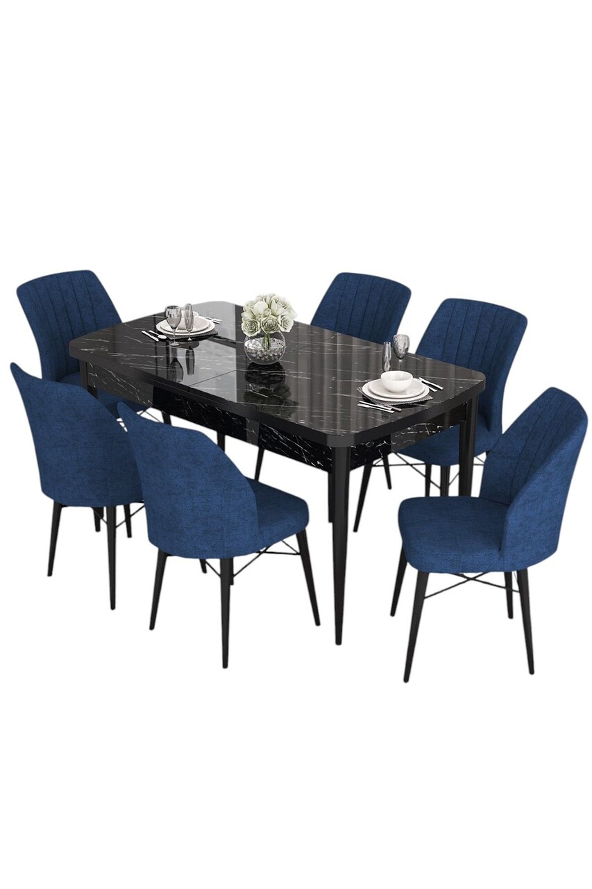Set masa extensibila si scaune, Hanah Home, Eva, Marmură neagră / Albastru marin - view 2