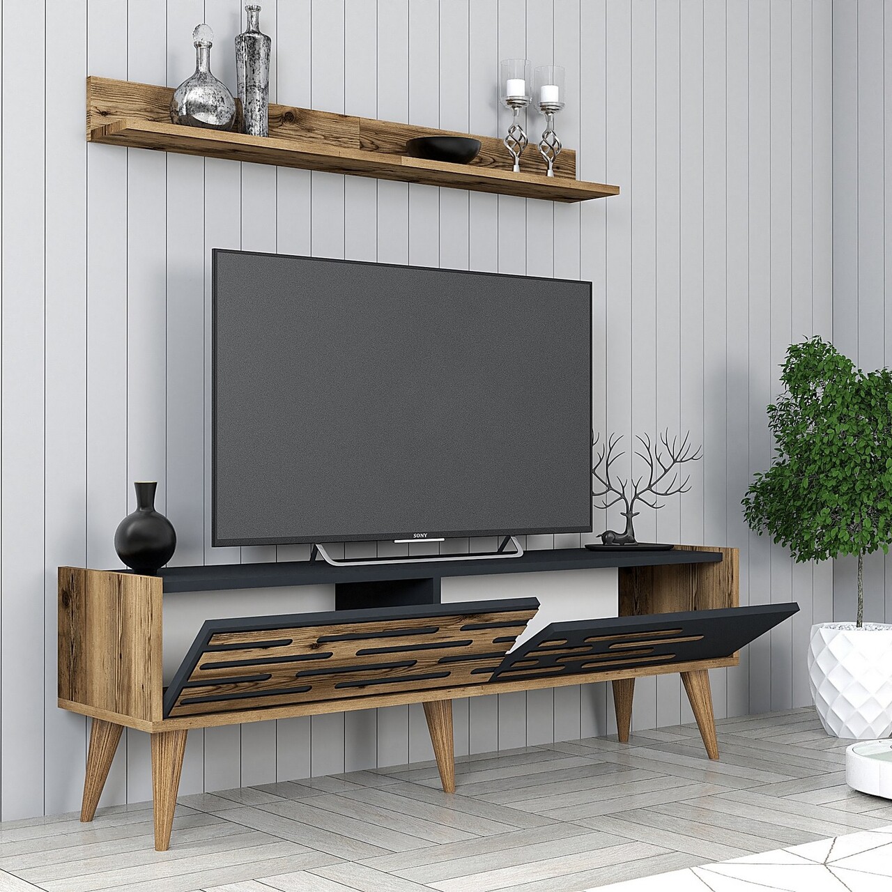 Set mobilier living, Hanah Home, Valensiya 140, Nuc / Antracit - imagine 2