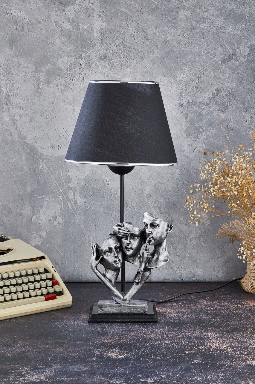 Lampa de masa, FullHouse, 390FLH1925, Baza din lemn, Argintiu / Negru