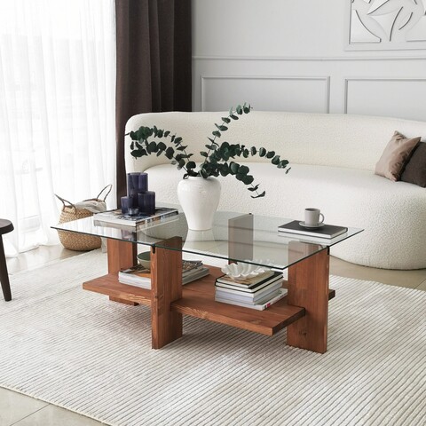 Masuta de cafea, Neostill, Babylon, 105 x 40 x 60 cm, sticla temperata/lemn solid, maro 105