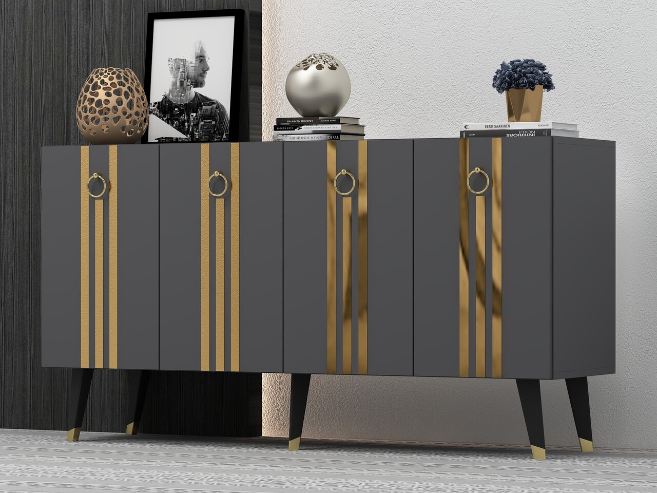 Consola, Olivia, Isil, 150x80x40 cm, PAL , Antracit / Aur - 2 | YEO
