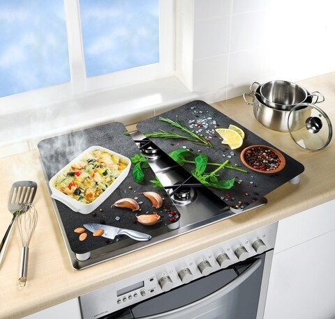 Set 2 protectii universale pentru aragaz, Wenko, Herbs I, sticla termorezistenta, 30 x 52 cm, multicolor aragaz