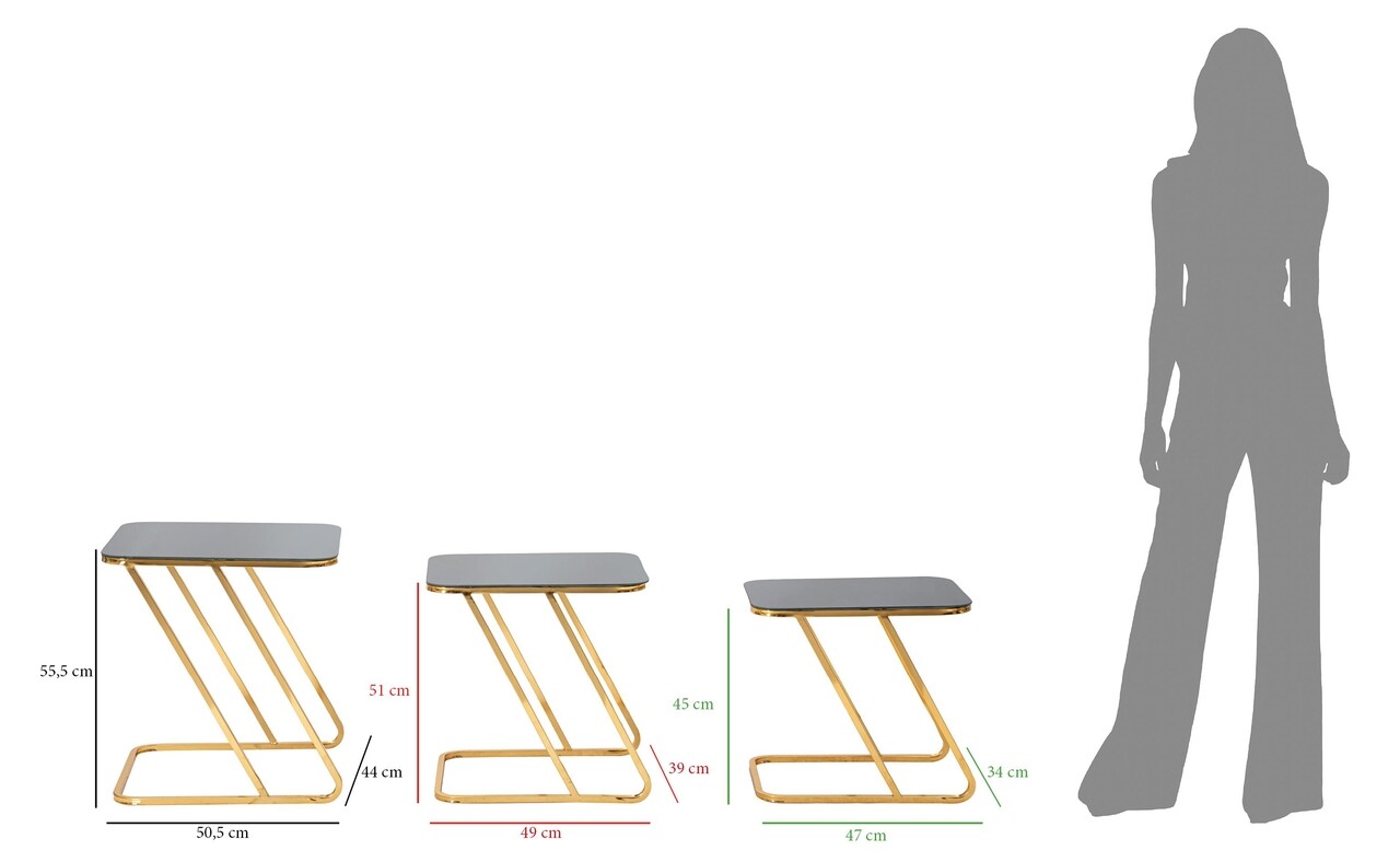 Set 3 masute Simple, Mauro Ferretti, 44x50.5x55.5 cm, fier, negru/auriu