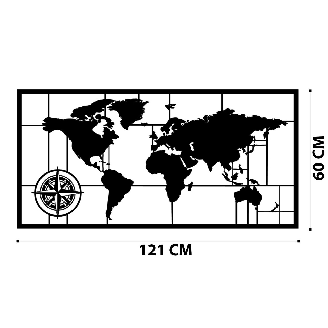 Decoratiune de perete, World Map Metal Decor 7, metal, 121 x 60 cm, negru