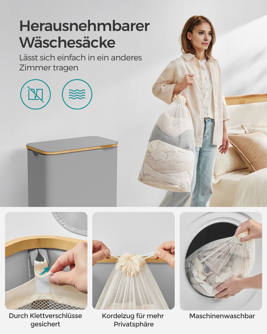 Cos de rufe textil cu 2 compartimente, Songmics, 52x38.5x70.5 cm, 130 L, bambus/tesatura Oxford, gri dove - imagine 6