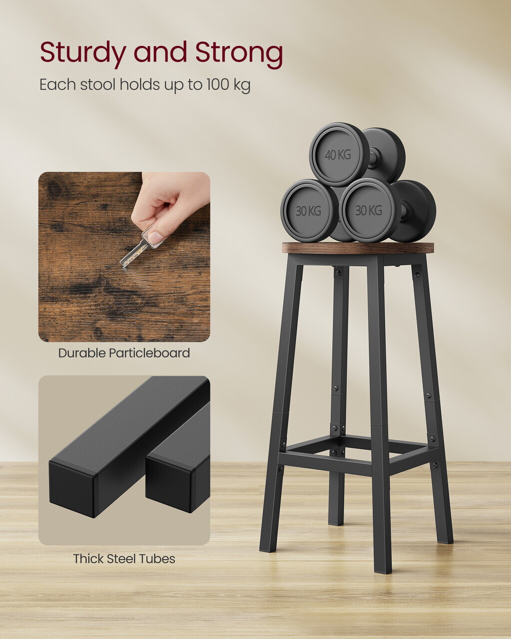 Set 2 scaune de bar, Vasagle, 32x65 cm, PAL/otel, maro rustic/negru - view 3