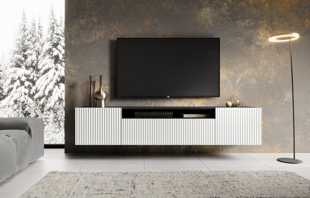 Comoda TV ADRK, Noemi, 200x41x40 cm, PAL melaminat/MDF, alb/negru