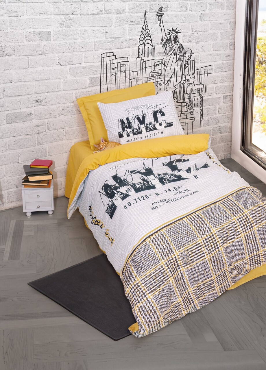 Lenjerie de pat pentru o persoana Young, Worldwide - Mustard v2, Cotton Box, Bumbac Ranforce