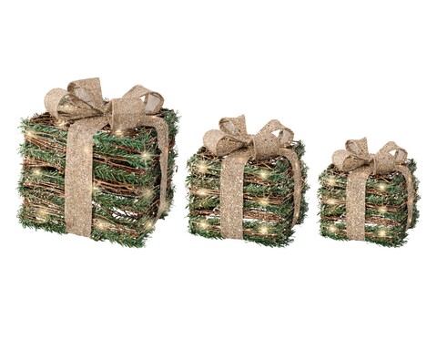Set 3 decoratiuni luminoase Gift, Lumineo, ratan, verde/maro Craciun