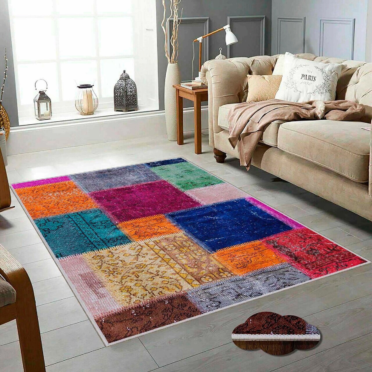 Covor Hmfesto72 Kece 160x230 cm Bumbac Roz / Portocaliu / Verde / Crem / Albastru marin