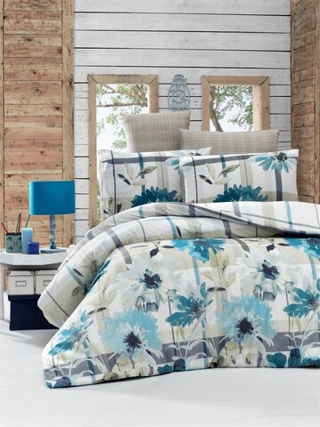 Lenjerie de pat dubla, victoria, vanesa blue, 4 piese, amestec bumbac, albastru