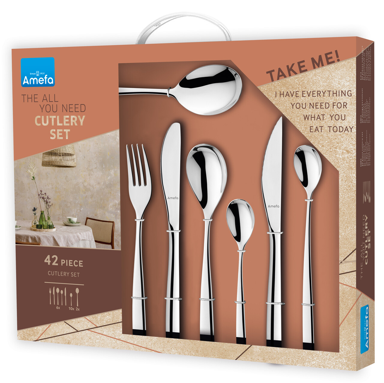 Set tacamuri 42 piese in cutie cadou Gaia All You Need, Amefa, 6 persoane, inox 18/0, argintiu