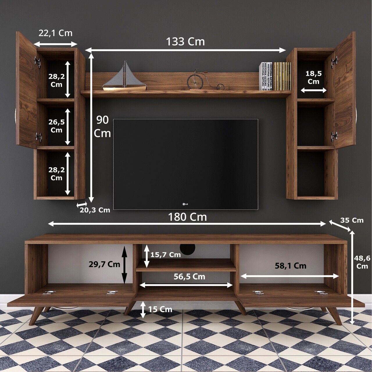 Comoda TV Cu Raft De Perete Si 2 Cabinete M27 - 284, Wren, 180 X 35 X 48.6 Cm/133 Cm, Walnut