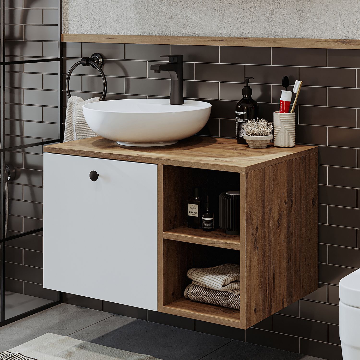 Dulap de baie cu chiuvetă, Hanah Home, 2456, 75x58x45 cm, MDF, Pin Atlantic / Alb