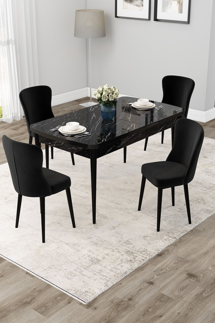 Set masa extensibila si scaune (5 piese), Hanah Home, Due, Model de marmură neagră / Negru