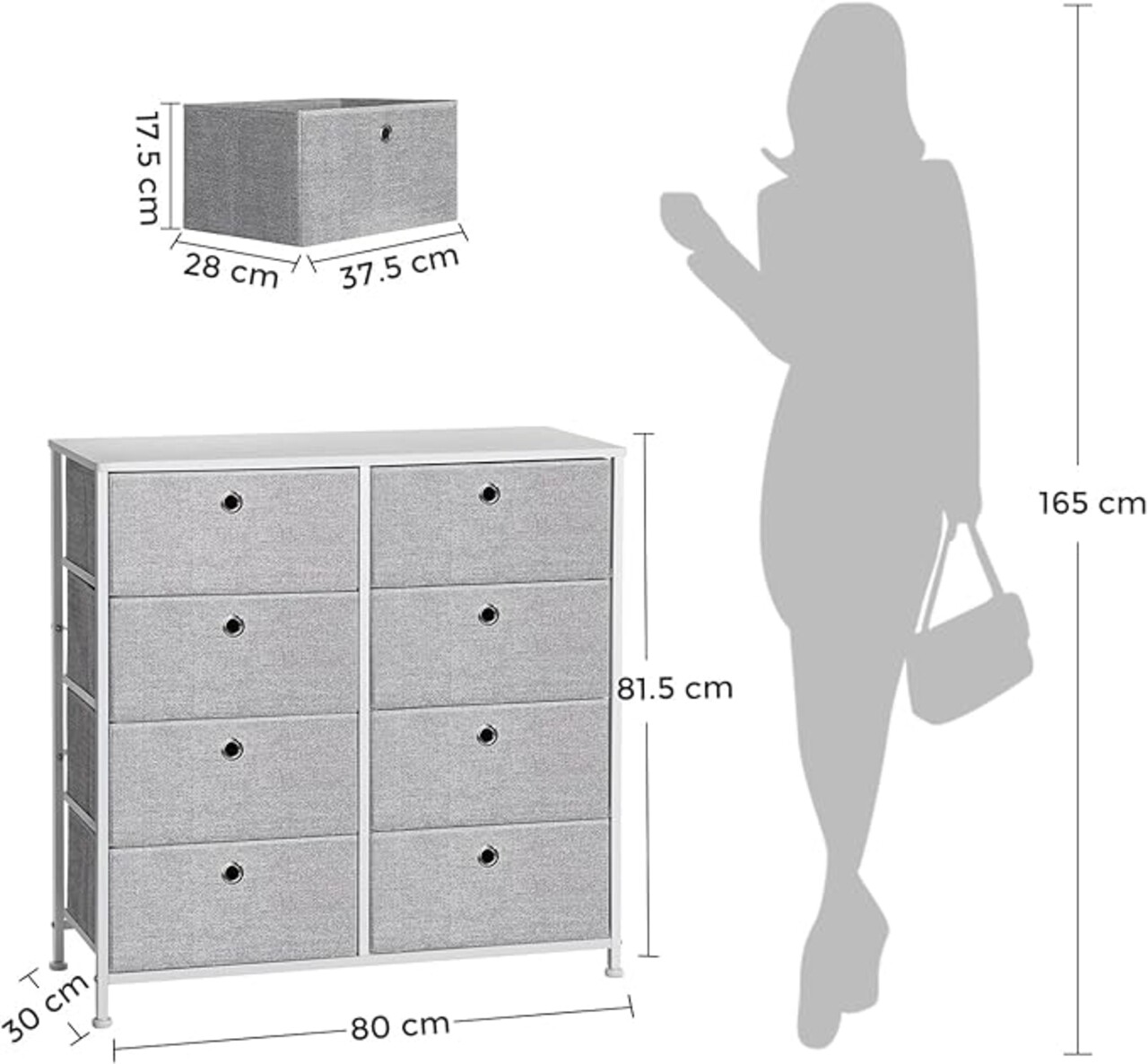 Comoda cu 8 sertare textile, Songmics, 80x30x81.5 cm, MDF/otel, gri