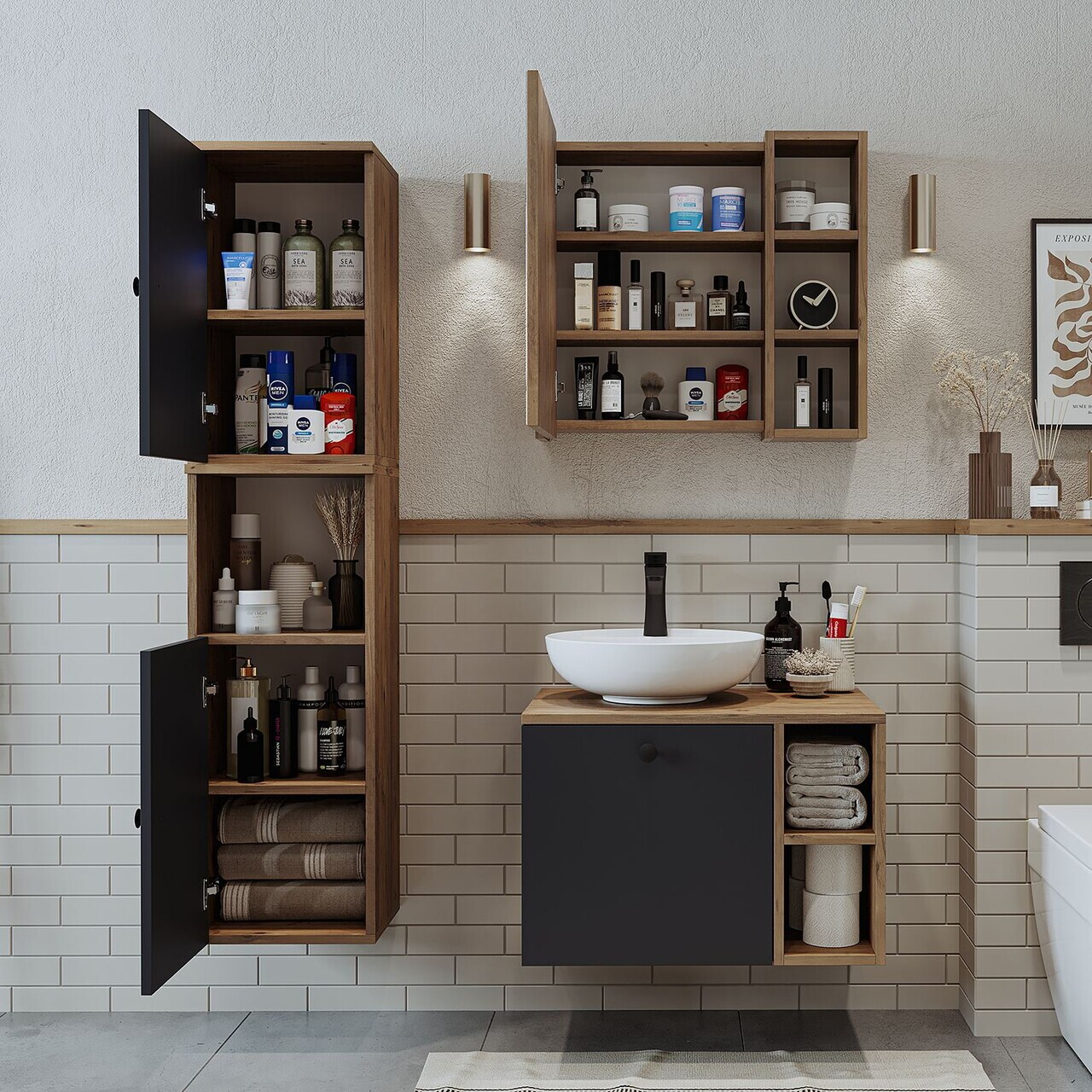 Set Dulap de Baie cu Chiuvetă și Oglindă (3 Piese), Hanah Home, 2471, MDF, Pin Atlantic / Antracit — imaginea 4