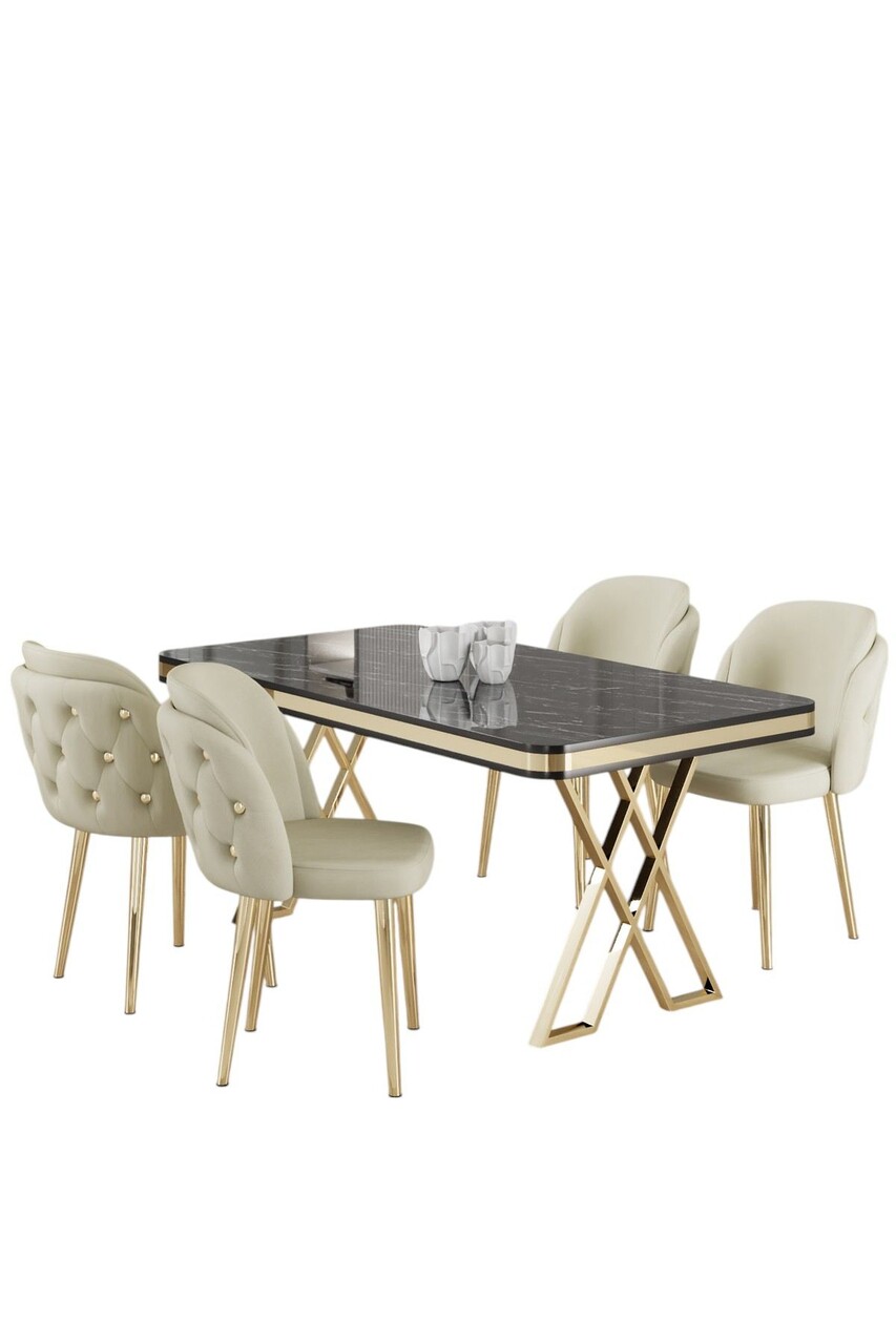 Set masă și scaune (5 bucăți), Hanah Home, Rigel, Marmură neagră / Auriu / Crem - view 2