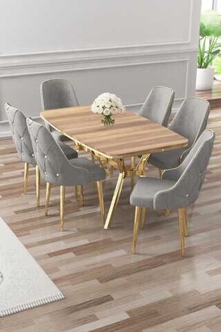 Set masa si scaune (7 piese), Hanah Home, Asel, Caspian / Auriu / Gri