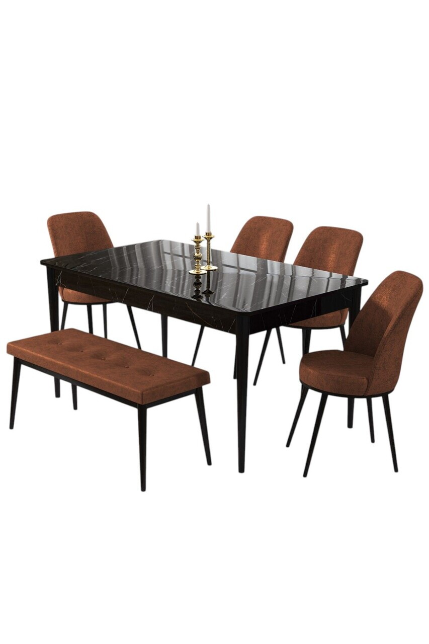 Set masa si 6 scaune, Hanah Home, Pir, Model de marmură neagră / Teracotă — imaginea 2