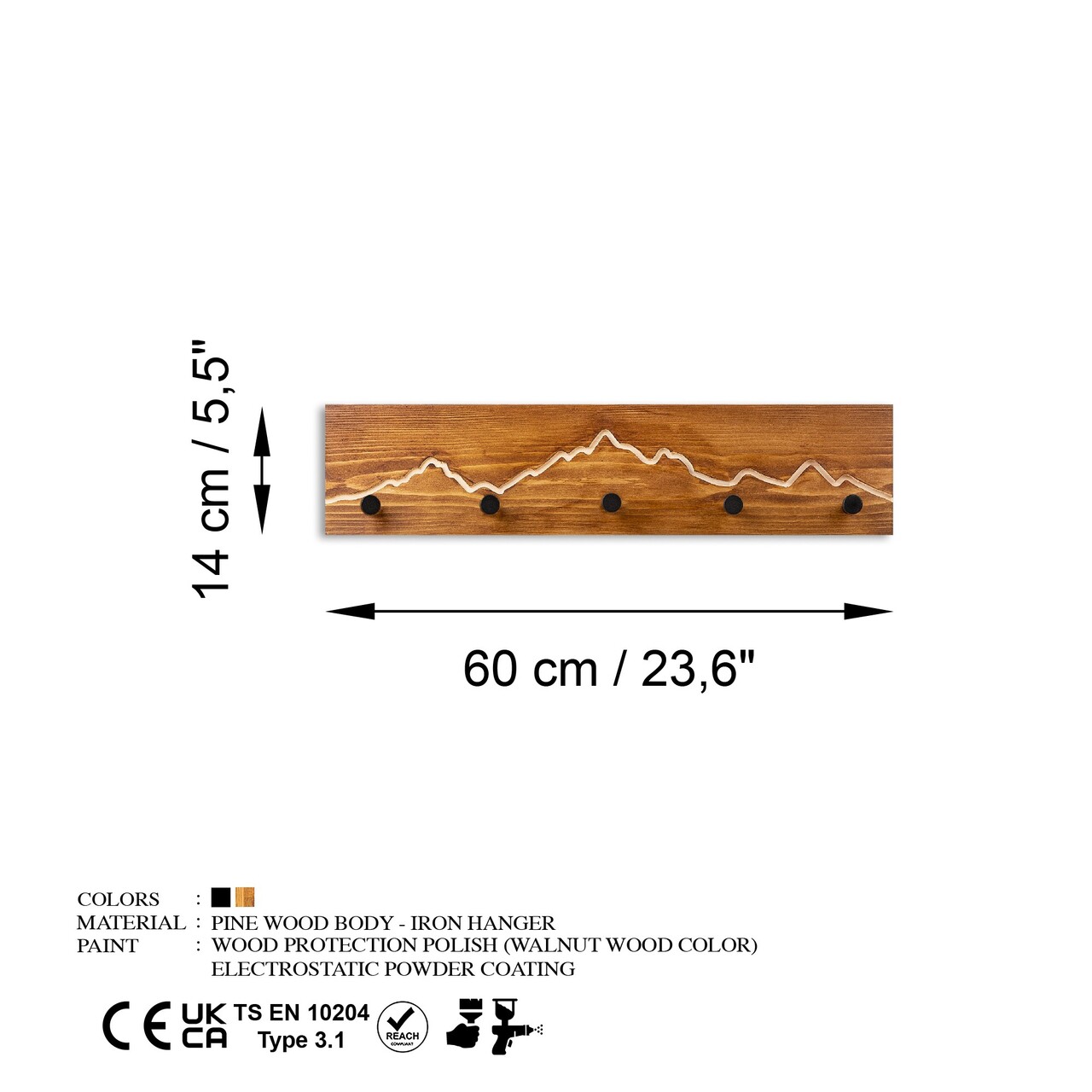 Cuier de perete din lemn, Mountain 2, Lățime: 60 cm Înălțime: 14 cm Adâncime: 5 cm, Nuc / Natural