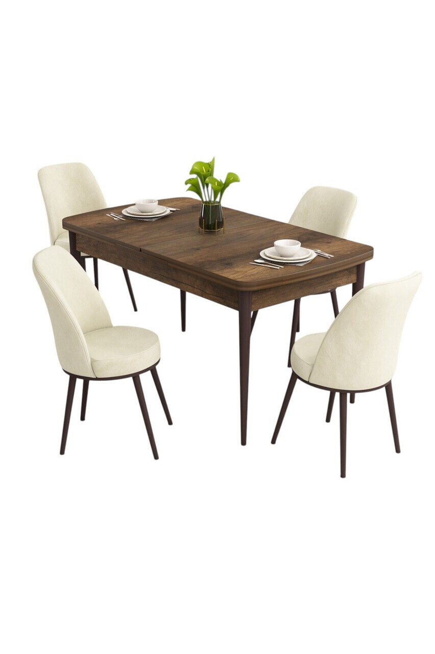 Set masa extensibila si scaune (5 piese), Hanah Home, Nix, Model baroc din lemn / Crem — imaginea 2
