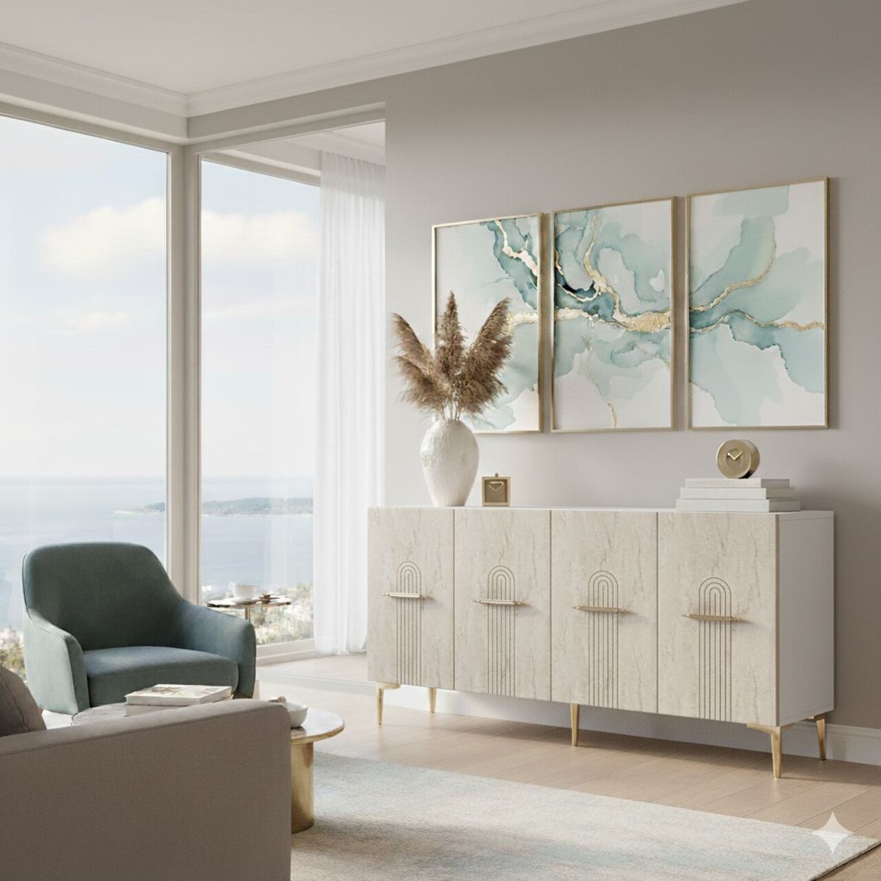 Consola, Hanah Home, Ida 150, 150x75x32 cm, White / Travertine / Gold - view 5