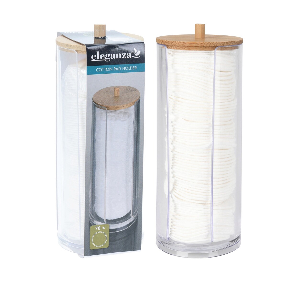 Suport pentru dischete demachiante Eleganza, 7x18.5 cm, 70 de dischete incluse, polistiren/capac din bambus