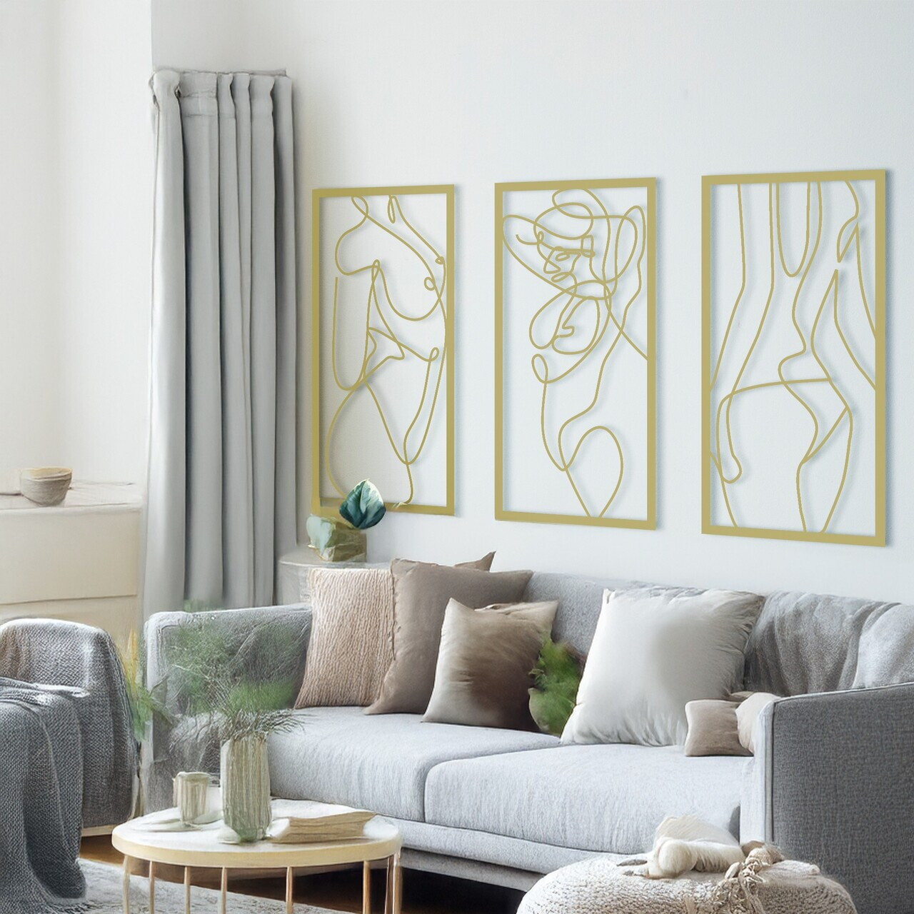 Set de accesorii decorative de perete din metal, RT-NMD-074, Dimensiune: 58,5 x 30 cm (3 bucăți), Auriu