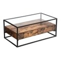 Masuta de cafea cu sertare, Vasagle, 106 x 57 x 45 cm, sticla temperata/PAL/fier, maro rustic