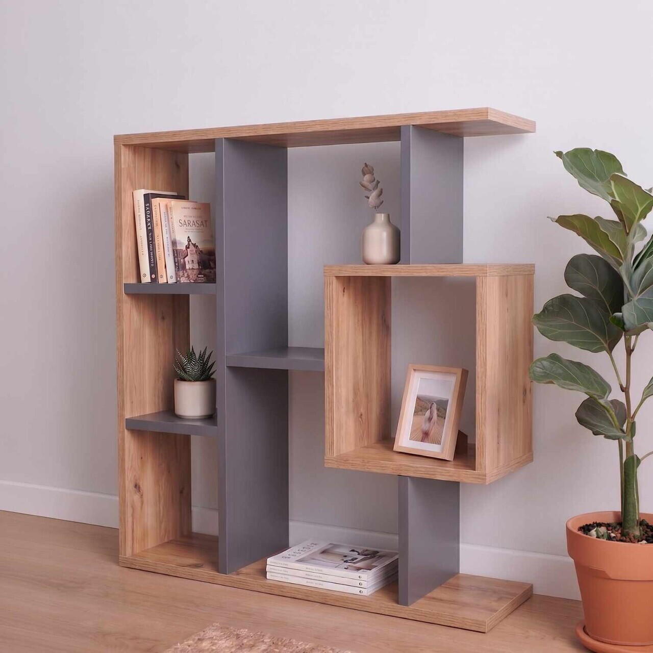 Corp biblioteca, Hanah Home, Yegane, 70.9x74.5x19.7 cm, Pin Atlantic / Antracit — imaginea 6