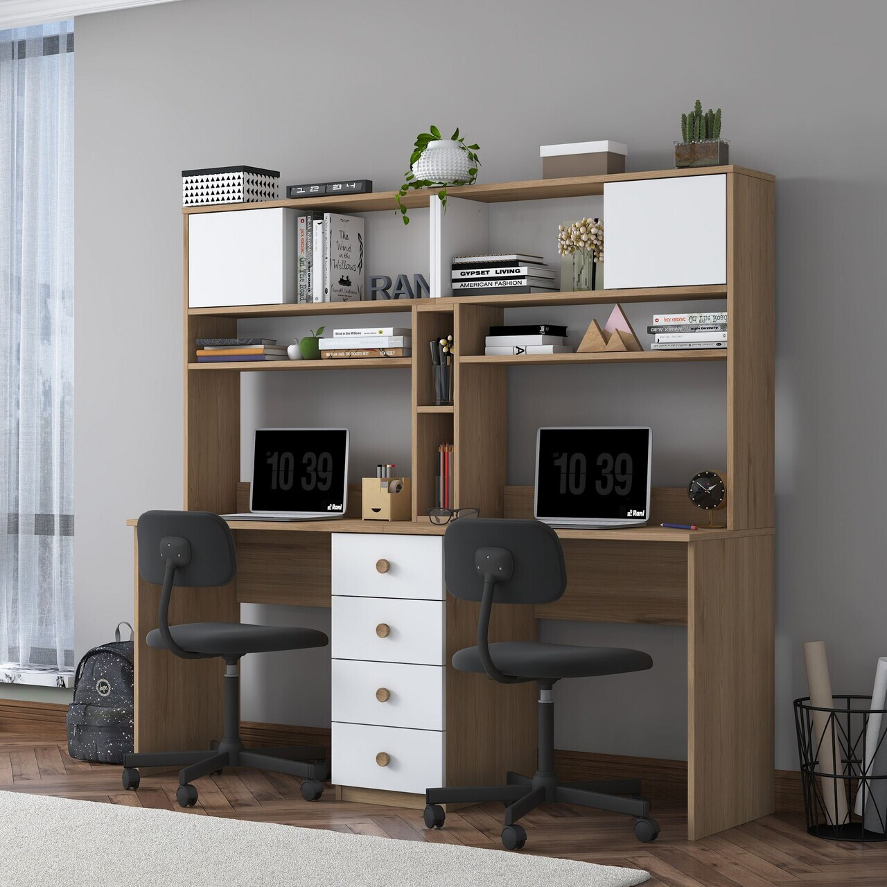 Birou Hanah Home HA130 180x166.3x50 cm PAL MELAMINAT CALITATE E1 Nuc/Alb