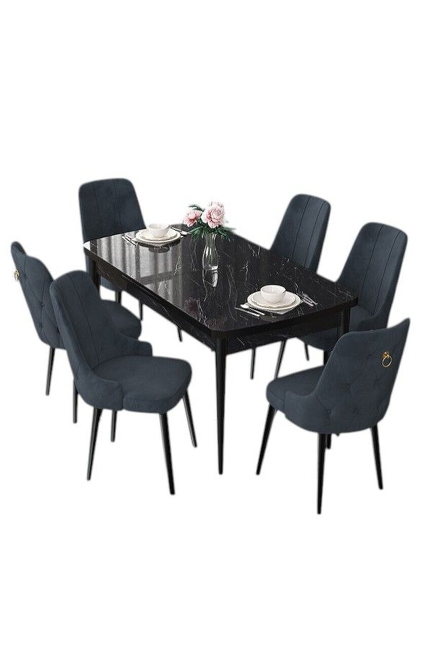 Set masa extensibila si scaune (7 piese), Hanah Home, Nex, Model de marmură neagră / Antracit — imaginea 2