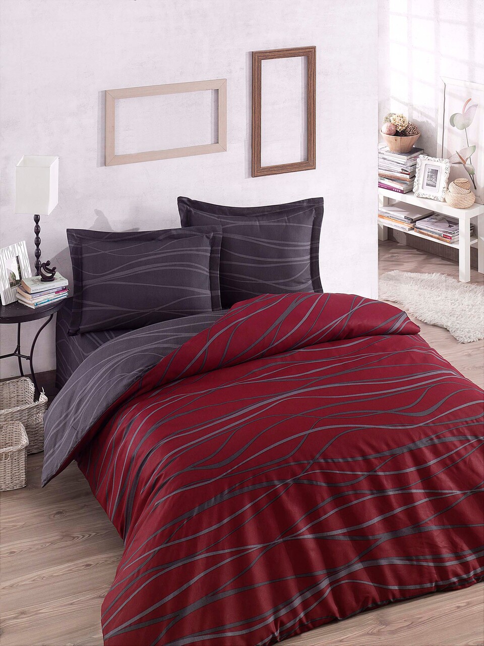 Lenjerie de pat dubla 3 piese, Verda - Claret Red, EnLora Home, 65% bumbac/35% poliester