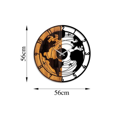 Ceas de perete, World Map, Lemn/metal, Dimensiune: 56 x 3 x 56 cm, Nuc / Negru