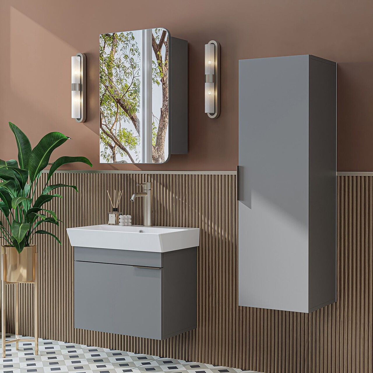 Set Dulap de Baie cu Chiuvetă și Oglindă (3 Piese), Hanah Home, 2932, PAL MELAMINAT, Frasin