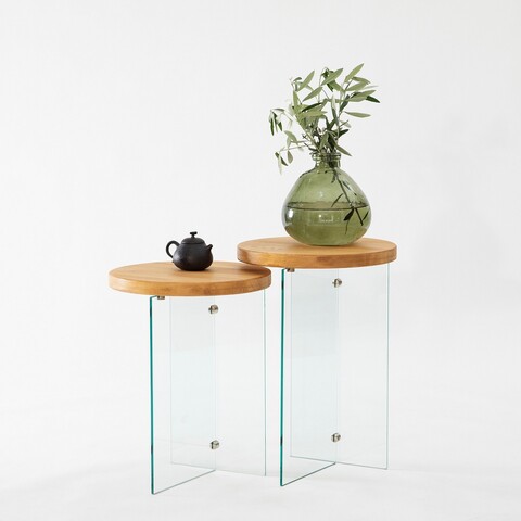 Set masute de cafea, Neostill, Serenity 2, Sticla temperata, Stejar / Transparent