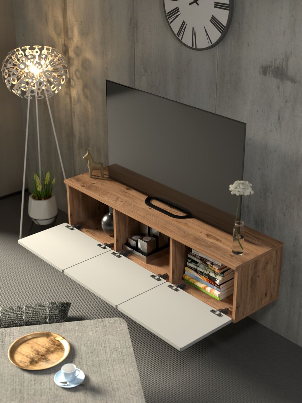 Comoda TV, Hanah Home, Virella 135, 135x32x35 cm, PAL, Pin Atlantic / Alb - view 3