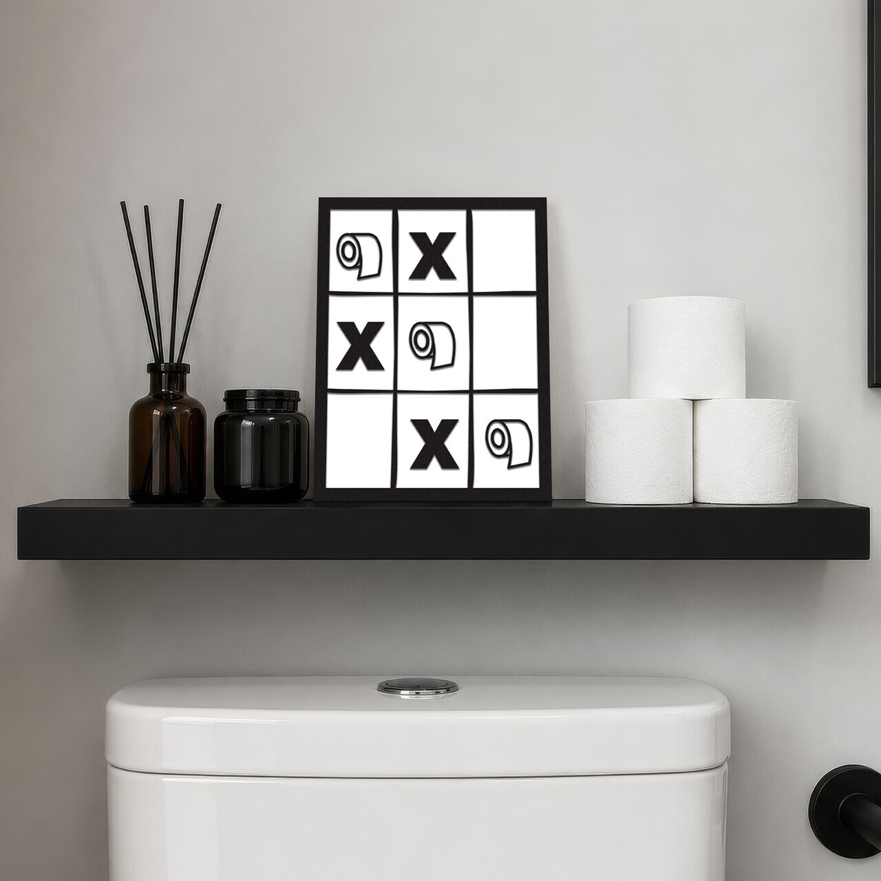 Tablou decorativ, Toilet Tac Toe, Dimensiune: 20 x 25 cm, Alb/Negru