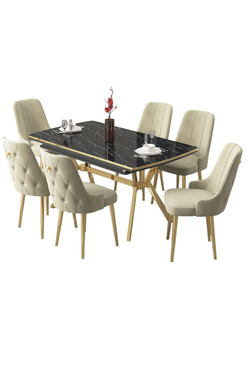 Set masa extensibila si scaune (7 piese), Hanah Home, Nis, Model de marmură neagră / Auriu / Crem — imaginea 2