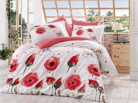 Lenjerie de pat pentru o persoana, 3 piese, 100% bumbac poplin, Hobby, Veronika, alb/rosu