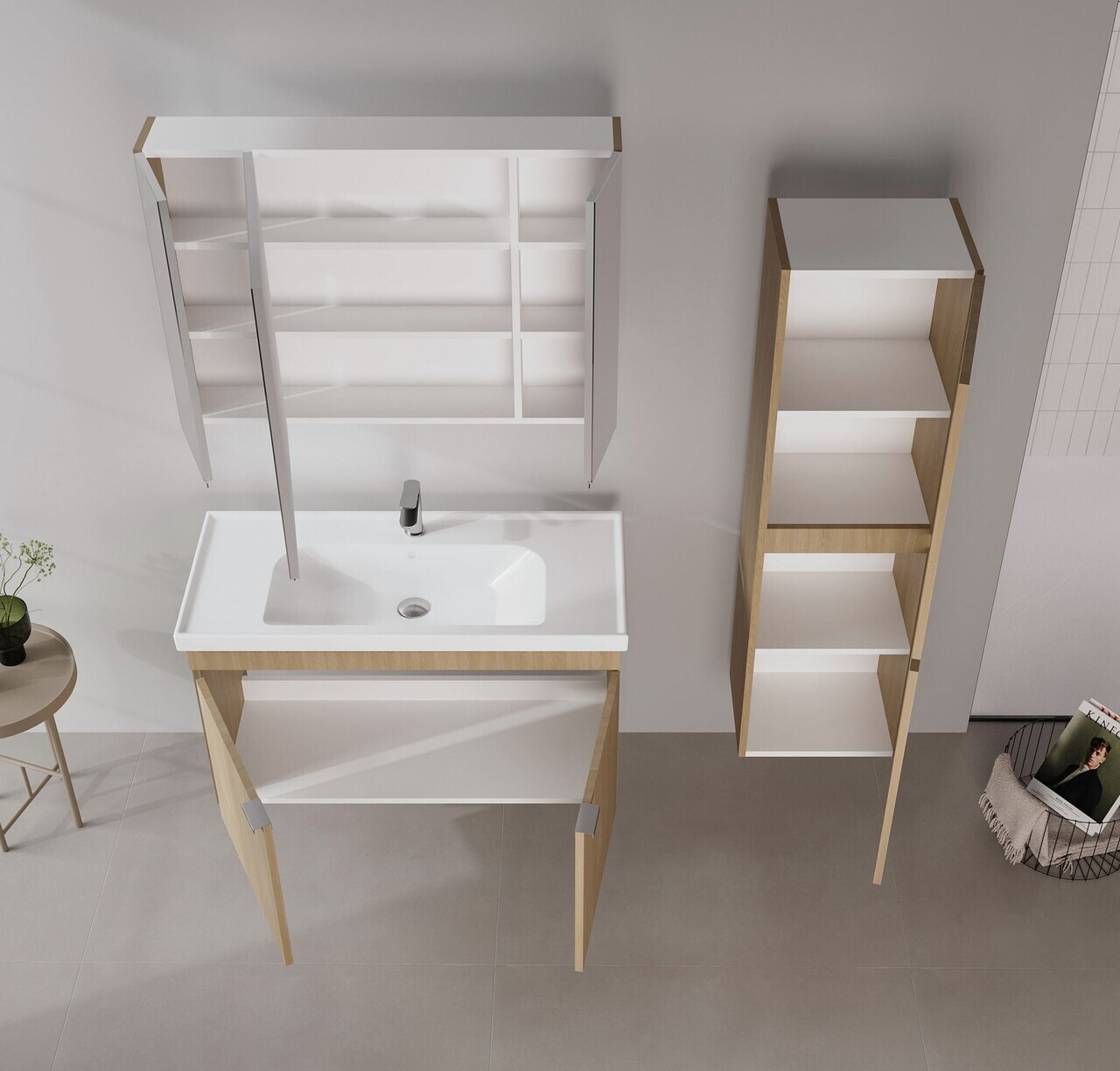 Set Dulap de Baie cu Chiuvetă și Oglindă (2 Piese), Hanah Home, Desna 100, Stejar — imaginea 3