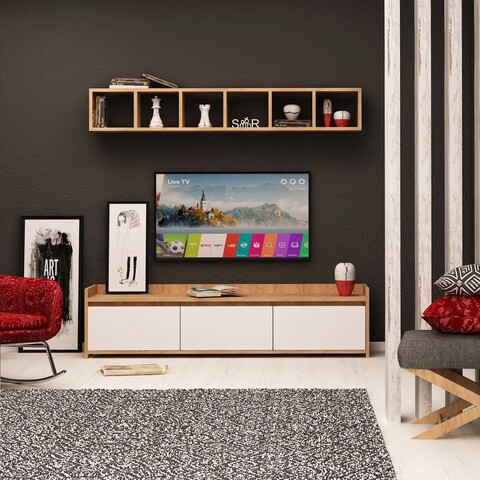 Comoda tv, mod design, liçi, stejar / alb