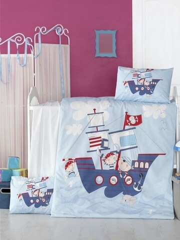 Lenjerie de pat pentru copii, victoria, ship, 4 piese, 100% bumbac ranforce, albastru