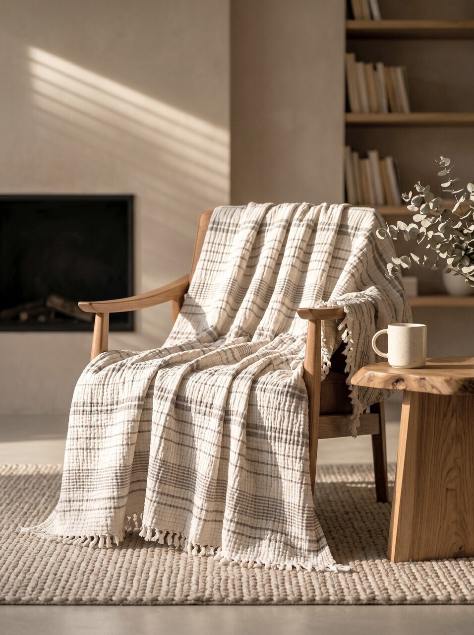 Cuvertură de pat King, L'essentiel Maison, Muslin, Bumbac, Ecru / Gri — imaginea 2