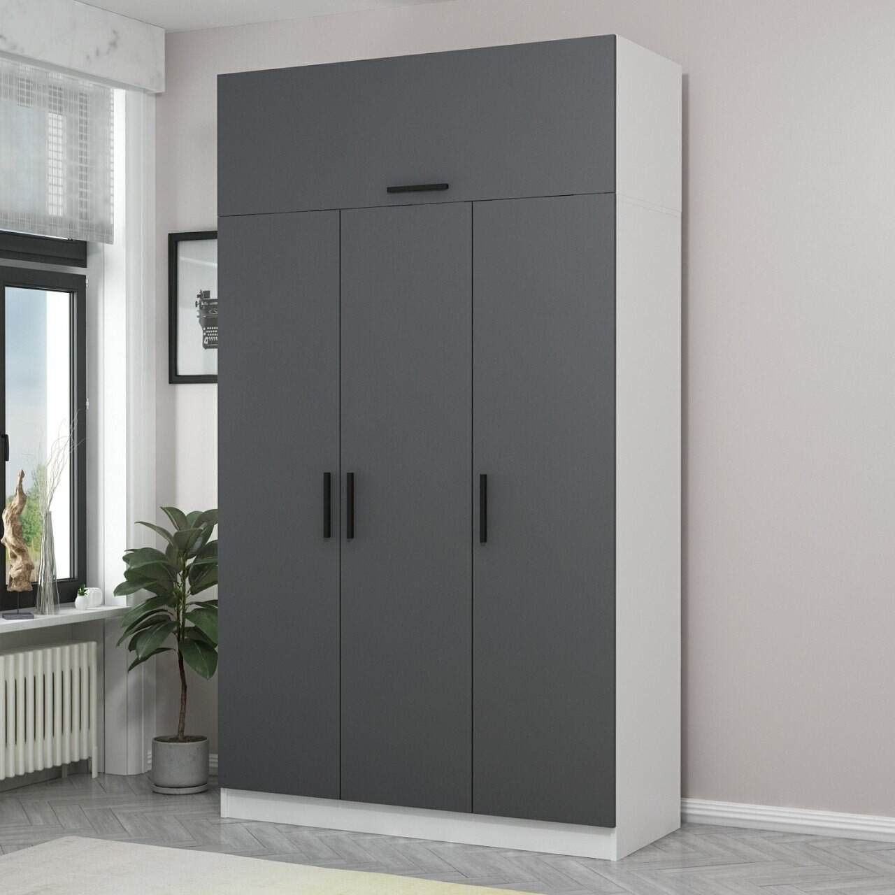 Dulap pentru haine, Minerva, Minar 3 Kapak 2 Çekmece 235, 135x235x52 cm, PAL, Alb / Antracit - 1 | YEO