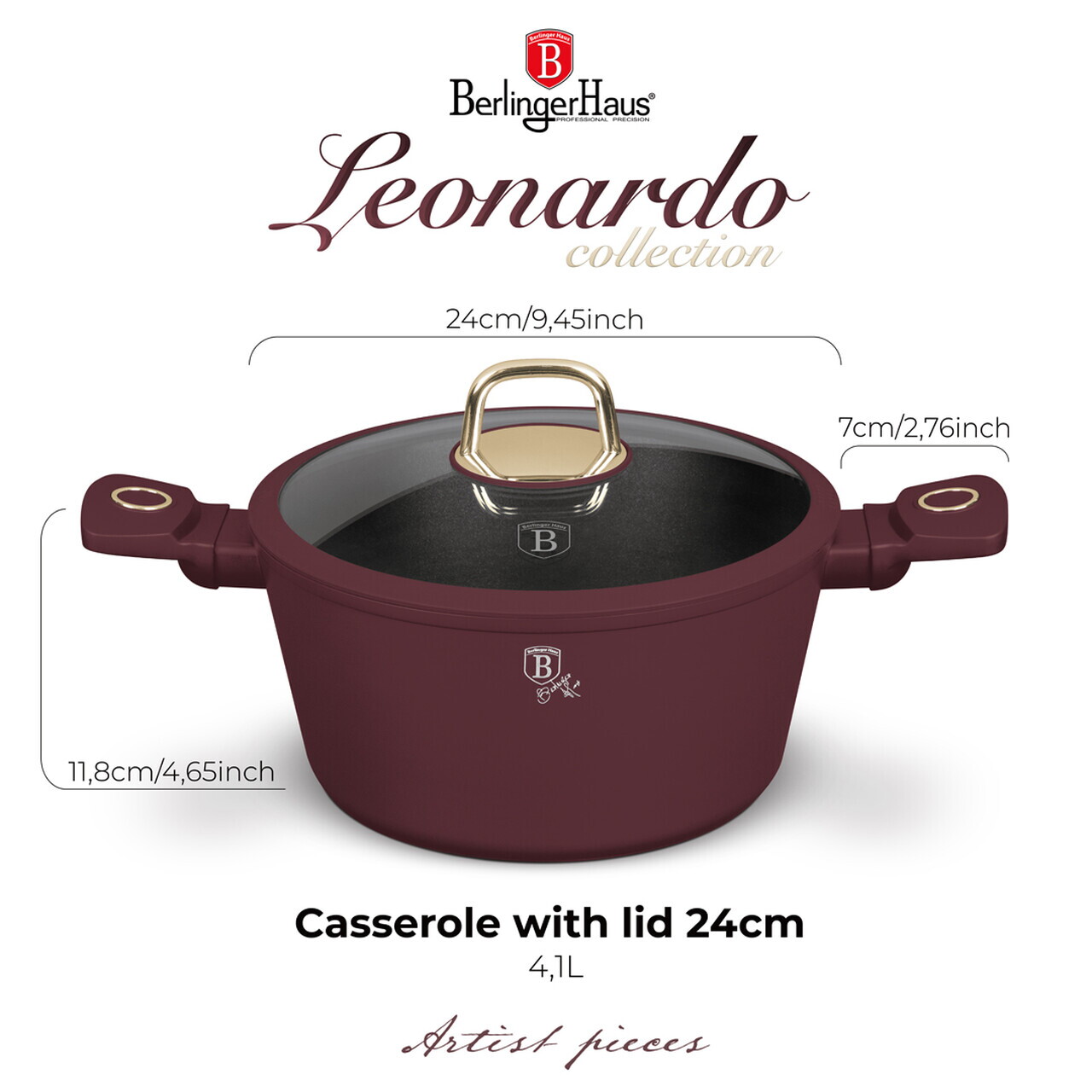 Oala cu capac Berlinger Haus, Leonardo, 24 cm, 4.1 L, aluminiu forjat, visiniu mat - imagine 9