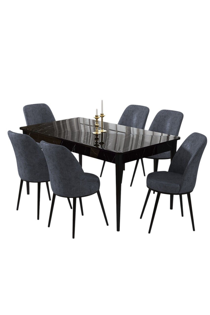 Set masa si scaune (7 piese), Hanah Home, Pir, Model de marmură neagră / Afumat — imaginea 2