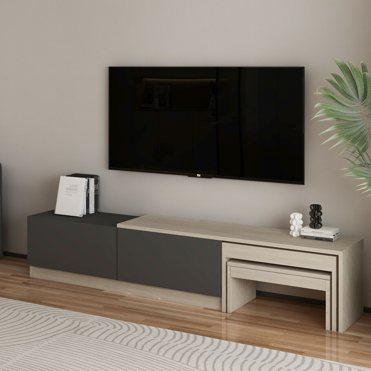Comoda TV, Hanah Home, Nest, 180x36x30 cm, PAL, Travertin / Antracit — imaginea 3