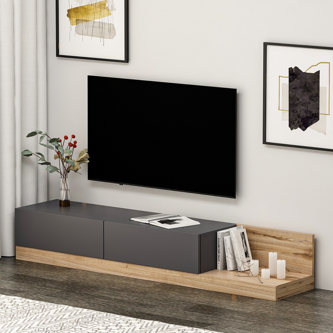 Comoda TV, Inarch, Majör- Anthracite / Walnut, 180x30x37 cm, PAL, Antracit / Nuc - 2 | YEO